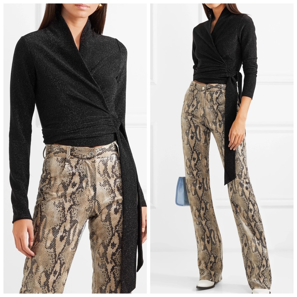 Ganni Baxter Long Sleeve Metallic Wrap Top